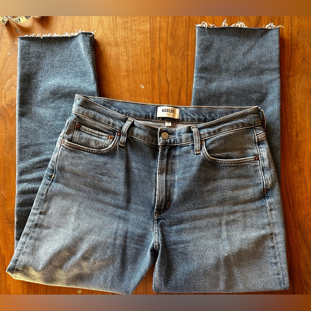Agolde Women’s Straight Leg Jeans — Faded Dark Blue Denim